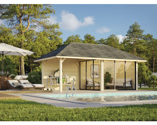 Pool house en bois avec espace barbecue et coin salon à côté d''une piscine