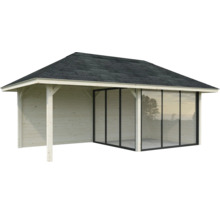 Pavillon de jardin avec façade en verre et murs en bois