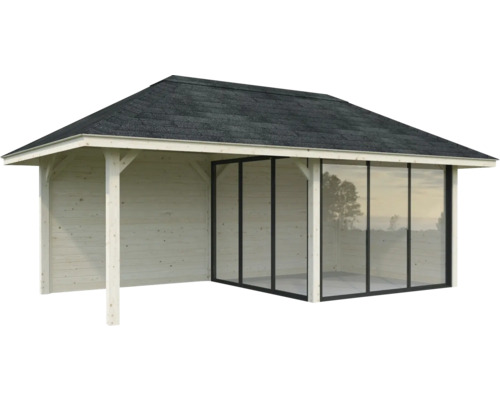 Pavillon de jardin avec façade en verre et murs en bois