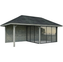 Holzpavillon mit Dach und Glasfront