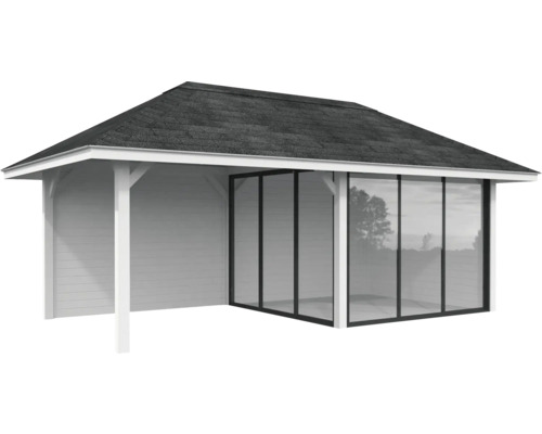 Pavillon Palmako Bianca Slide 16,6 m² Set 205 588 x 300 cm weiß Gartenhaus mit Glasfront und Dach
