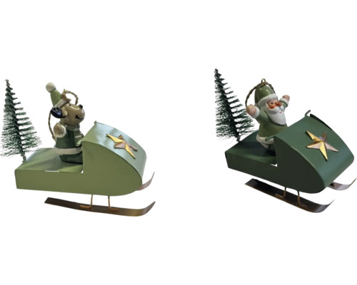 Zwei dekorative Schlitten mit Tierfiguren und Bäumen für die Weihnachtsdekoration