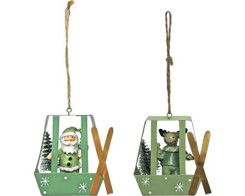 Zwei grüne dekorative Gondeln mit Weihnachtsmann, Rentier, Baum und Skiern als Christbaumschmuck