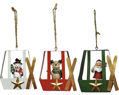 Weihnachtsanhänger-Set mit Schneemann, Rentier und Weihnachtsmann in Gondel mit Skiern