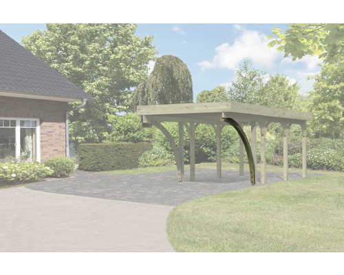 L''image représente un carport en bois avec des raccords d''angle arrondis, avec une maison et un jardin en arrière-plan.