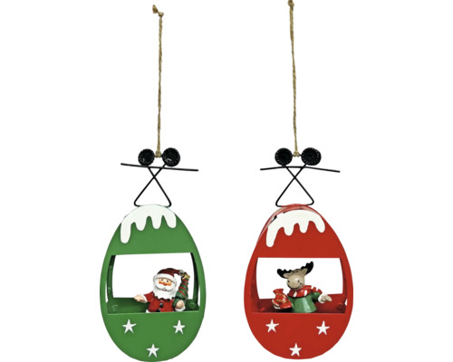 Deko Hänger Gondel 2-assortiert Rentier und Santa aus Metall 4 x 8 x 17 cm rot grün Zwei Weihnachtsschmuck-Anhänger mit Weihnachtsmann und Elch