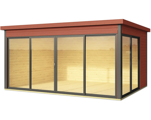 Abri de jardin moderne avec portes coulissantes et revêtement en bois