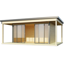 Pavillon de jardin en bois avec portes coulissantes et terrasse couverte