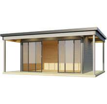 Abri de jardin avec portes coulissantes et toit.