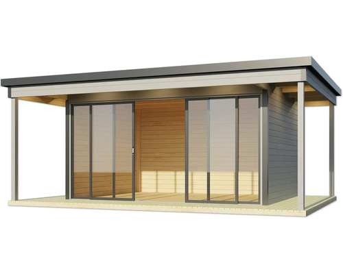 Abri de jardin avec portes coulissantes et toit.