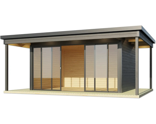 Abri de jardin moderne avec portes coulissantes et bardage en bois