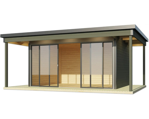 Maison de jardin en bois avec portes coulissantes et auvent