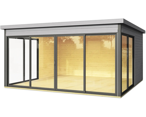 Abri de jardin moderne avec portes coulissantes et grandes fenêtres.