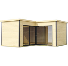 Abri de jardin d'angle avec portes coulissantes et façade en bois