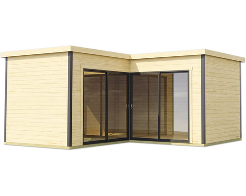 Abri de jardin d'angle avec portes coulissantes et façade en bois