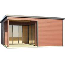 Abri de jardin avec portes coulissantes et terrasse couverte