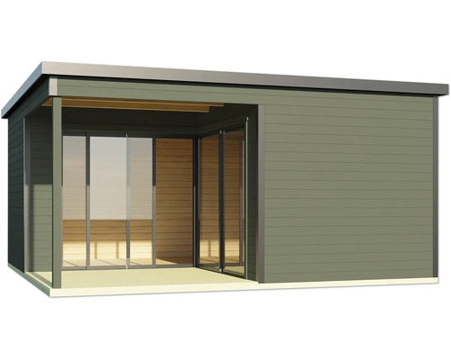 Abri de jardin moderne avec portes coulissantes et toit plat