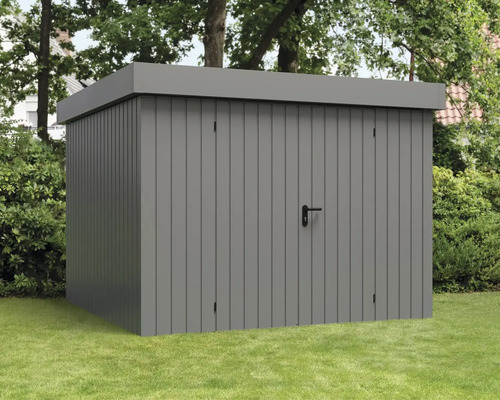 Gartenhaus Hörmann EcoStar Euroline Flachdach, Doppeltür 285 x 278 cm graualuminium Grauer Gartenschuppen auf einer Wiese