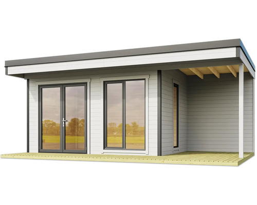 Abri de jardin moderne avec porte double et terrasse couverte