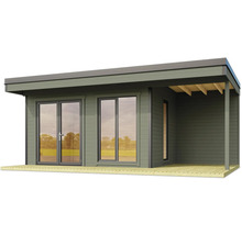 Maison de jardin avec terrasse, fenêtres et porte double