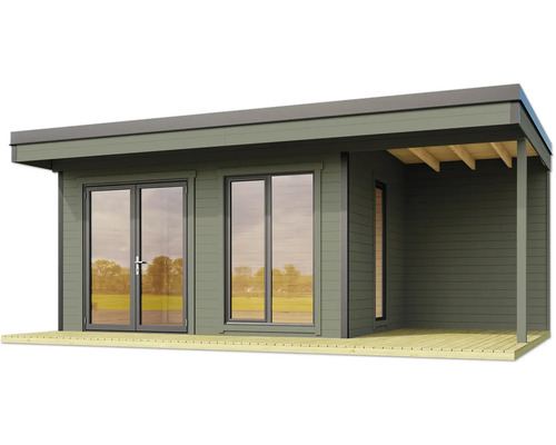 Maison de jardin avec terrasse, fenêtres et porte double