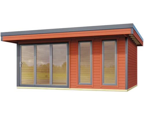 Abri de jardin moderne avec de grandes fenêtres et une porte coulissante pour beaucoup de lumière naturelle