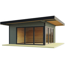 Abri de jardin moderne avec de grandes portes coulissantes en verre et un toit plat