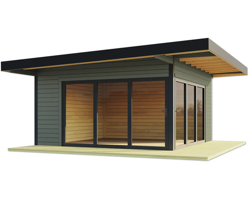 Abri de jardin moderne avec de grandes portes coulissantes en verre et un toit plat