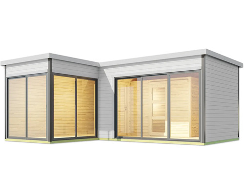 Abri de jardin avec portes coulissantes et bardage en bois