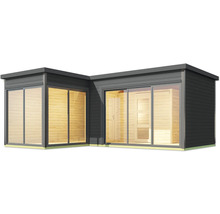 Abri de jardin moderne avec portes coulissantes et revêtement en bois