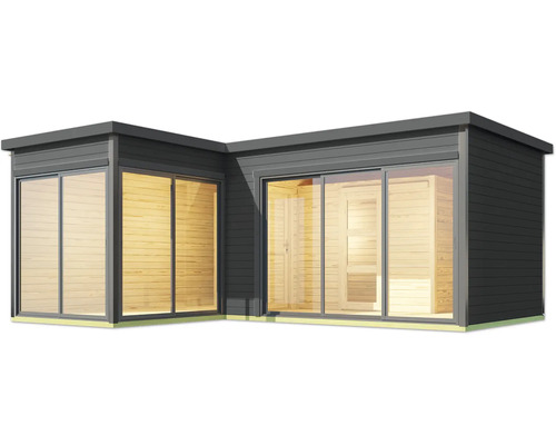 Abri de jardin moderne avec portes coulissantes et revêtement en bois