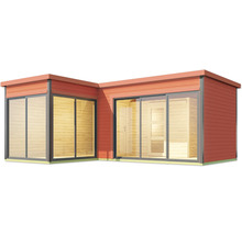 Abri de jardin moderne avec de grandes fenêtres coulissantes