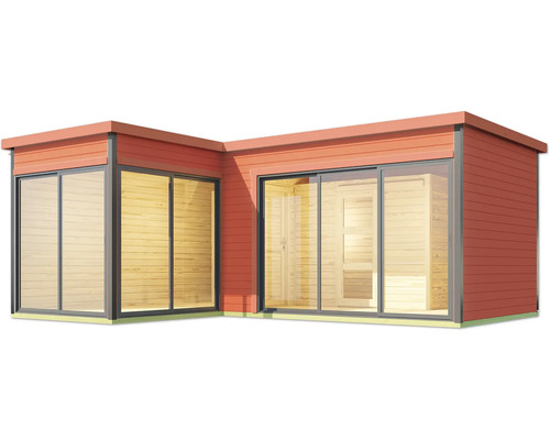 Abri de jardin moderne avec de grandes fenêtres coulissantes