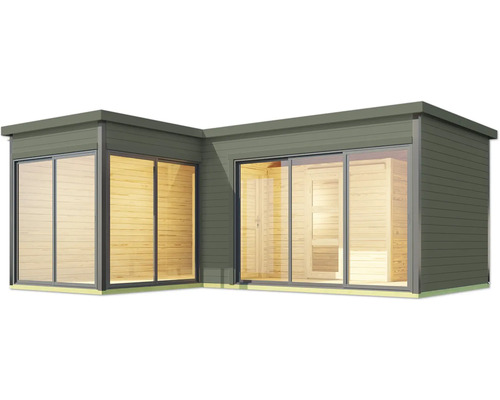 Abri de jardin avec portes coulissantes et revêtement en bois