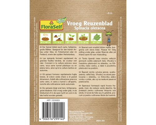 Graines d''épinards biologiques FloraSelf Vroeg Reuzenblad pour la culture en plein air et en serre