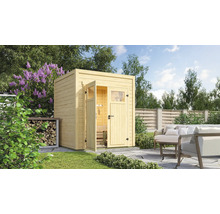 Scène de jardin avec abri de jardin en bois et coin salon extérieur