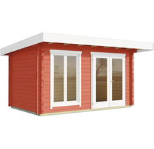 Abri de jardin rouge avec fenêtre et porte double