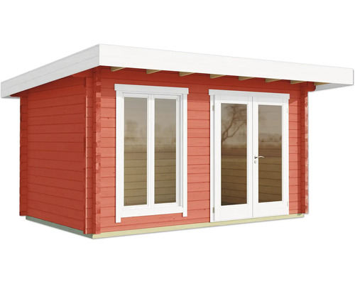 Abri de jardin rouge avec fenêtre et porte double