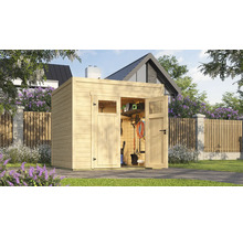 Abri de jardin en bois avec portes ouvertes et outils de jardin à l'intérieur