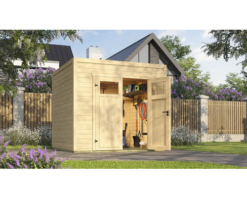 Abri de jardin weka Batu 1,5 250 x 207,4 cm nature Abri de jardin en bois avec portes ouvertes et outils de jardin à l'intérieur
