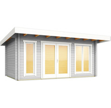 Abri de jardin gris avec double porte et fenêtres