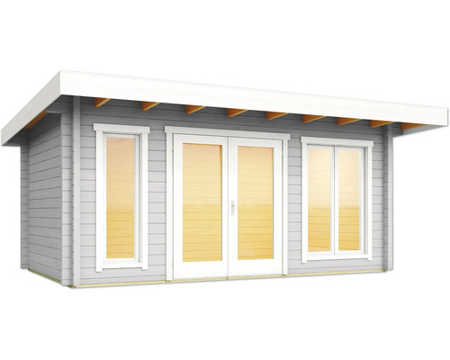 Abri de jardin gris avec double porte et fenêtres