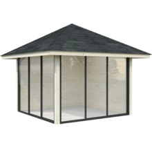 Pavillon carré avec cadre en bois et toit avec bardeaux