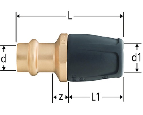 Optiflex Profix 85133.21 Übergang auf Optipress Aquaplus, mit Pressmuffe 15x16 Pressfitting mit den Massangaben L, d, d1, Z und L1