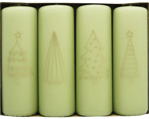 Adventskerzen Ø 4 cm H 12,2 cm Tannen birnengrün 4 Stk. Vier grüne Stumpenkerzen mit Weihnachtsbaum Motiven