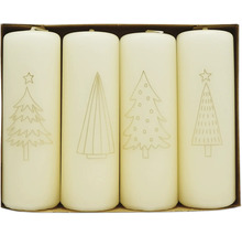 Vier weisse Stumpenkerzen mit Weihnachtsbaum Motiven in einer Verpackung