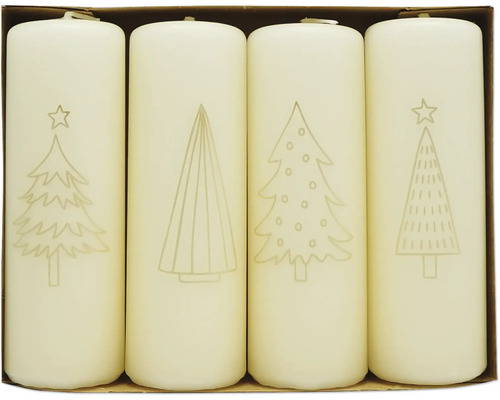 Adventskerzen Ø 4 cm H 12,2 cm Tannen creme 4 Stk. Vier weisse Stumpenkerzen mit Weihnachtsbaum Motiven in einer Verpackung
