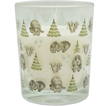 Bougie dans un verre avec décor de lapins et de sapins