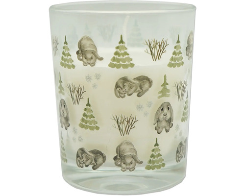 Photophore en verre Ø 7 cm h 8,6 cm Lapin et sapins blanc Bougie dans un verre avec décor de lapins et de sapins