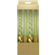 Vier grüne Kerzen in einer Verpackung, zwei glatt und zwei gewirbelt, mit goldfarbenem Sockel